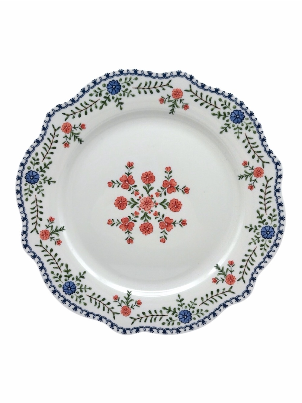 Set of 4 Cottage Floral Salad Plates Red Blue Flower 8.5" Ceramic Scalloped NWOT